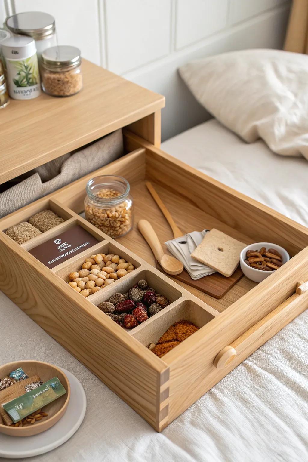 A dedicated snack-station drawer keeps dorm surfaces clutter-free—bars, tea, and utensils sorted.