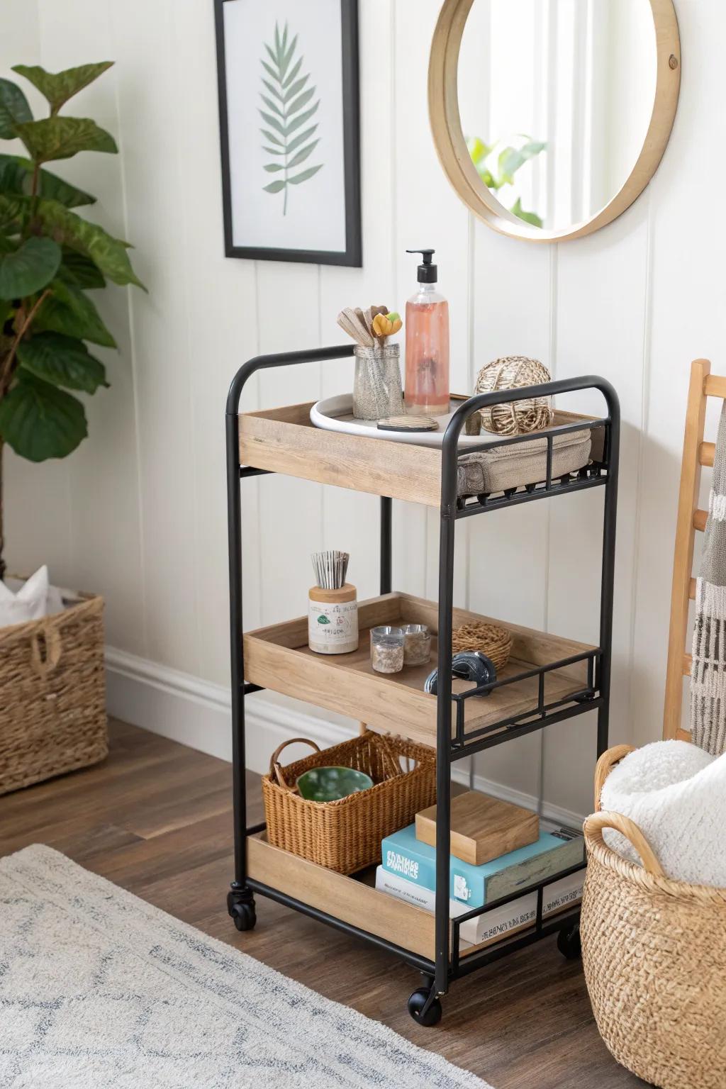 Style a slim rolling cart into a mini vanity + snack hub—pretty, practical, and space-smart.
