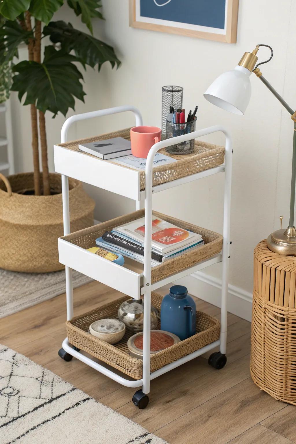 A rolling cart mini command center—study, snacks, and skincare with bold, tidy style.