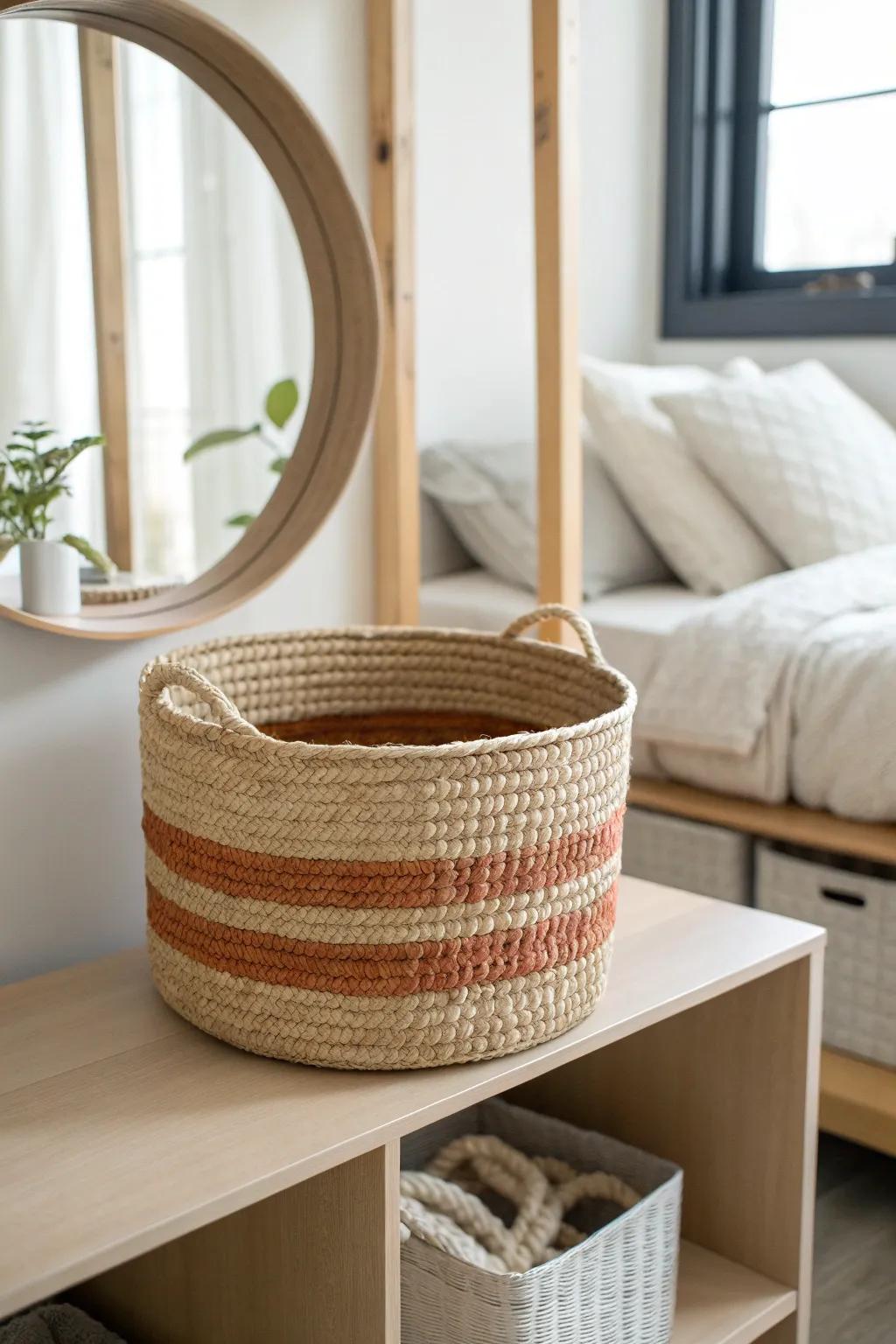 One matching bin + mirrored layout = instant roommate zones and a calmer, bigger-feeling dorm.