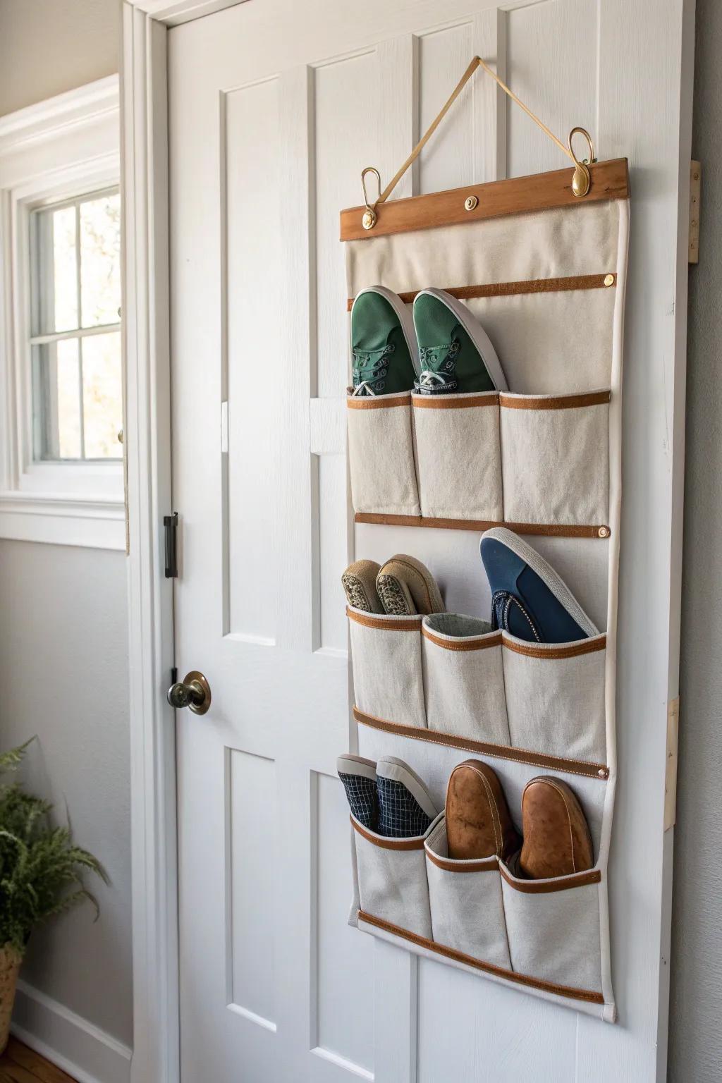 Over-the-door shoe storage keeps dorm floors clear—and pairs visible, fresh, and easy to grab.
