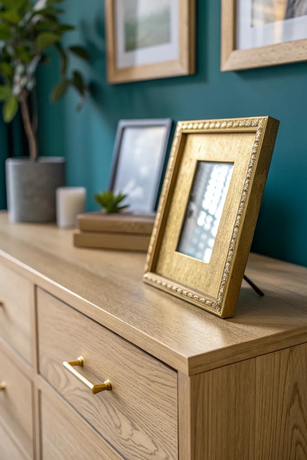 Match brass accents with your drawer pulls for an instant, cohesive dresser top look.