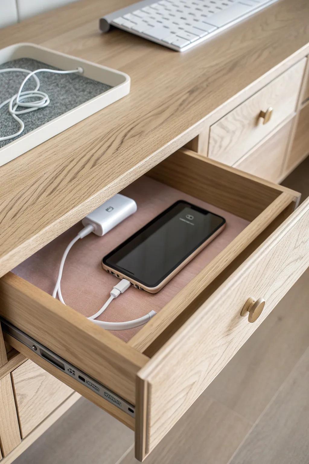 A built-in charging drawer that hides cords and keeps your surfaces calm and clutter-free.