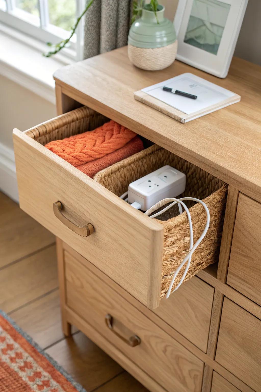 Turn a living-room dresser drawer into a hidden charging hub for a calmer, cord-free space.
