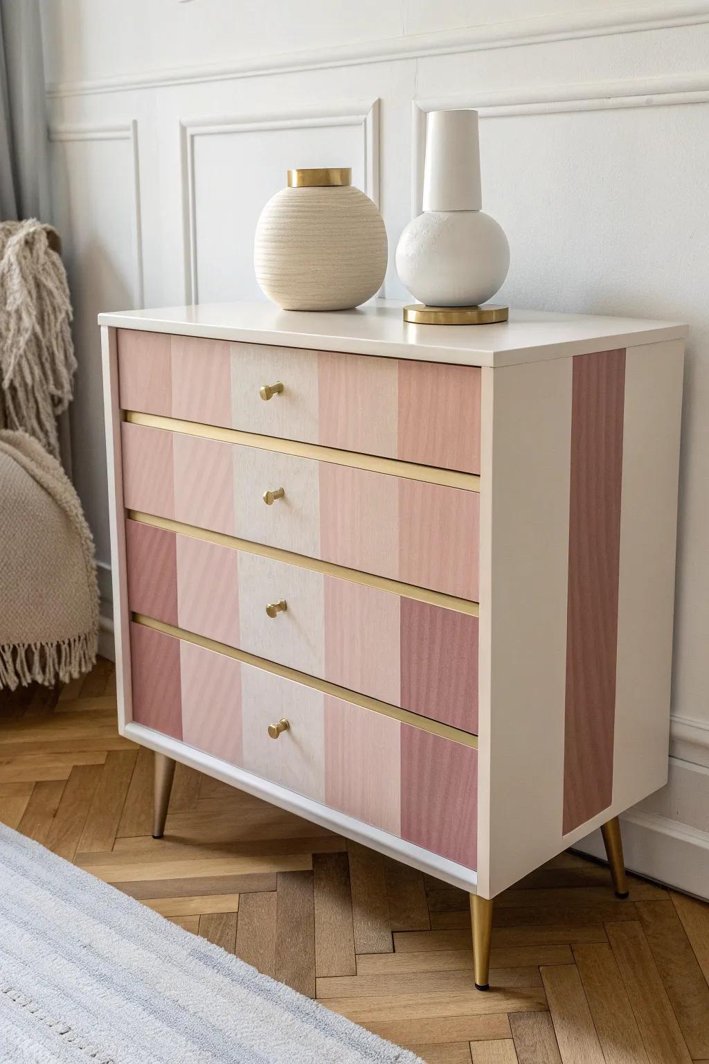 Tone-on-tone horizontal stripes give this small-space dresser a modern, calm, high-contrast refresh.