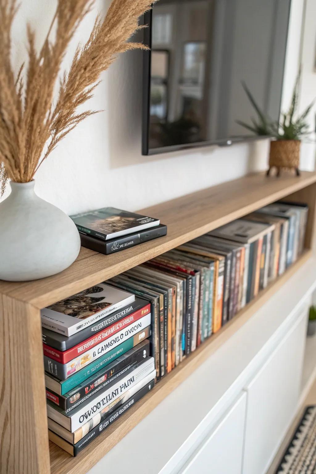 Double your DVD space with a sleek shelf riser—front and back rows stay easy to see.