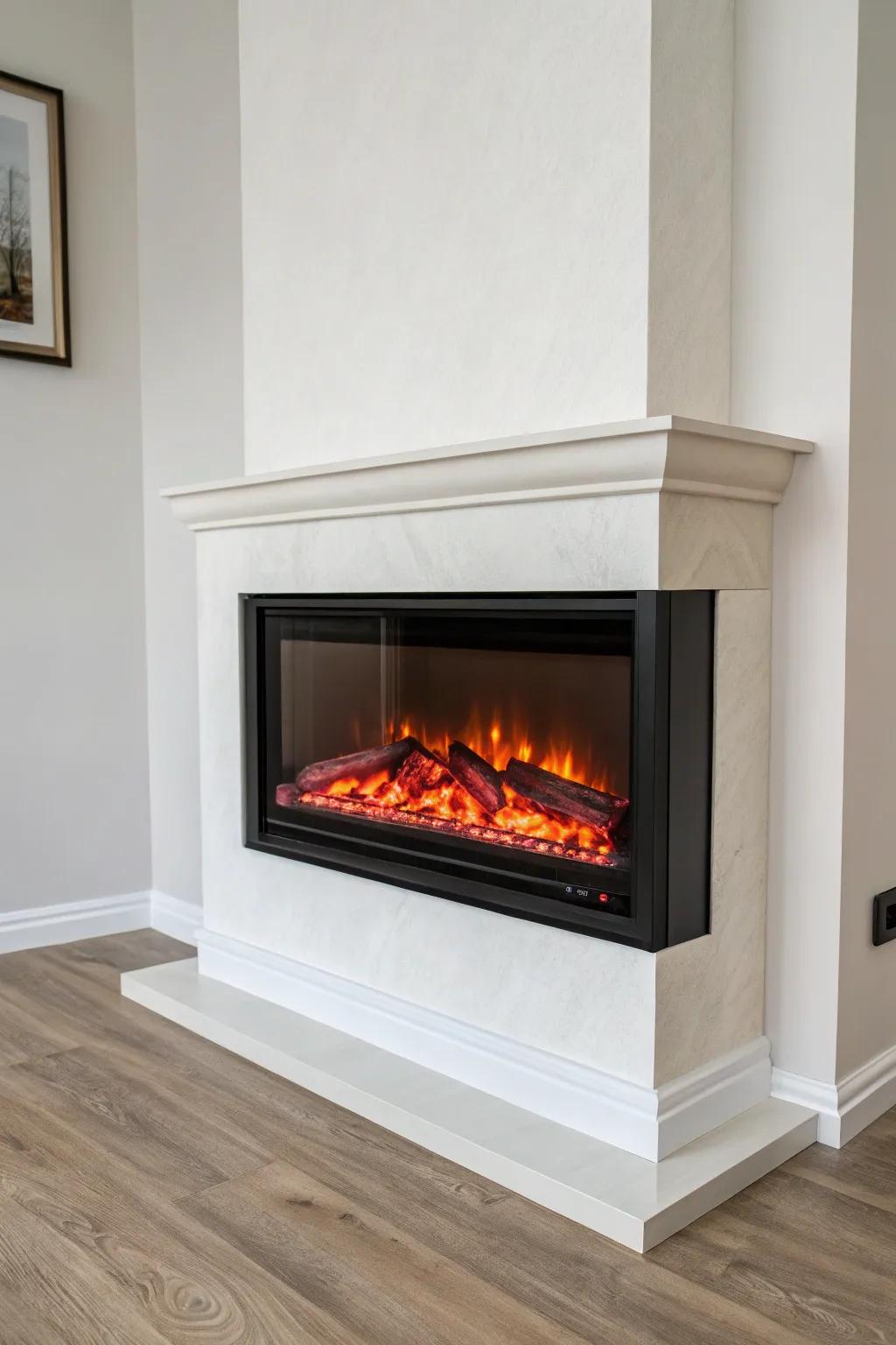 Corner-mounted electric fireplace: cozy glow without giving up a full wall in a small studio.