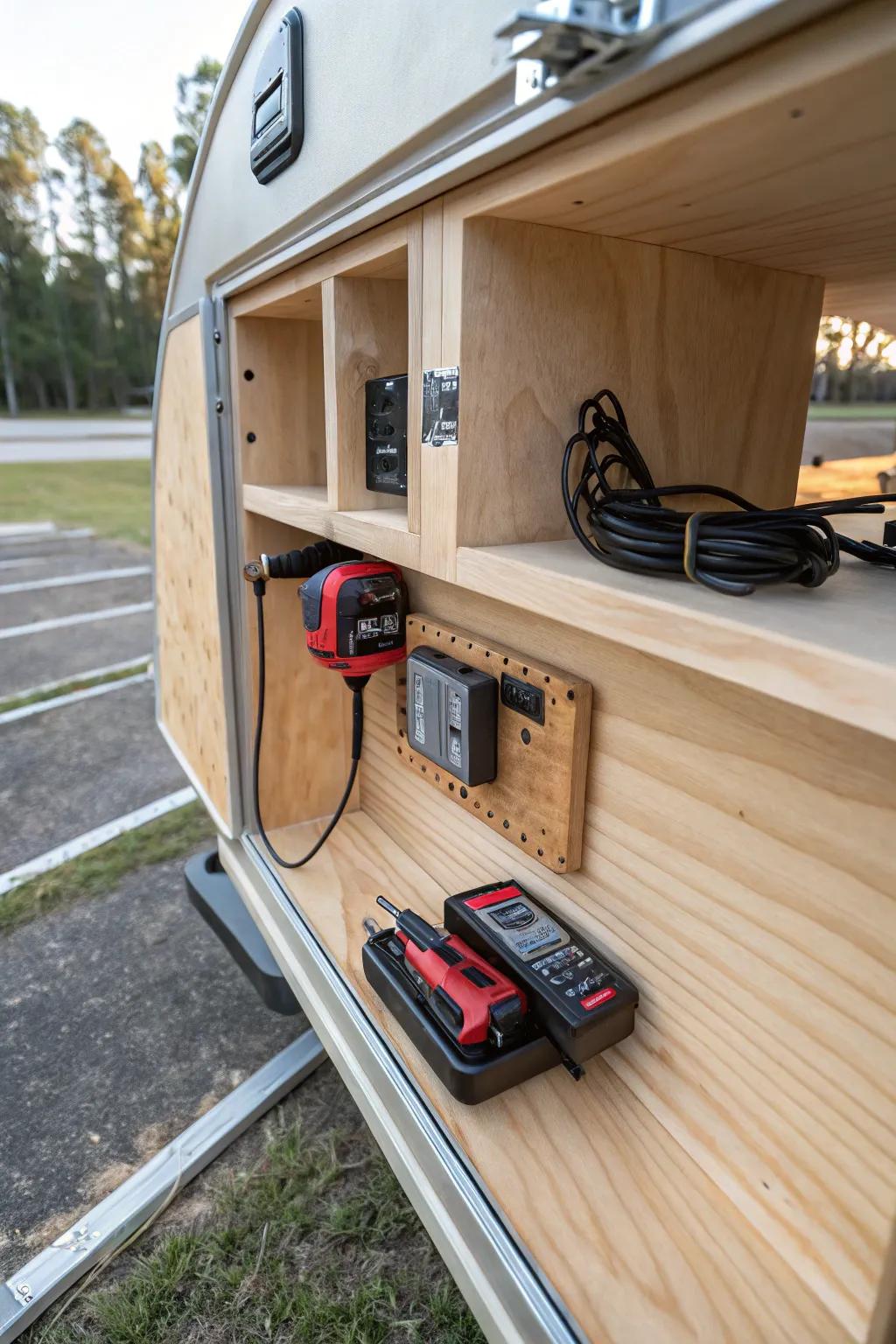 Built-in under-bench charging cubby: no more lost batteries—everything charges neatly in one spot.
