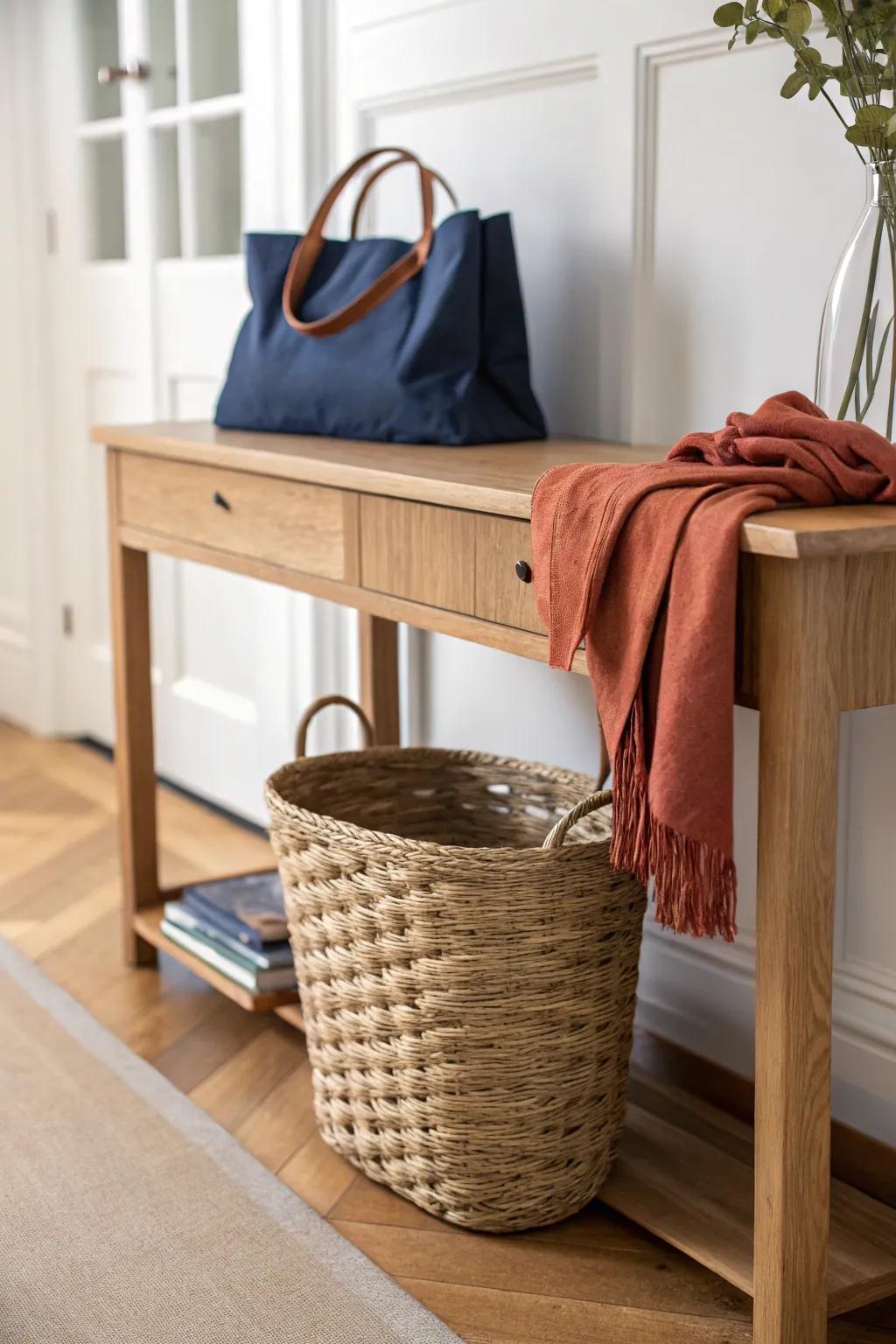 A woven basket under the console keeps a modern hallway clutter-free—hidden storage, styled.