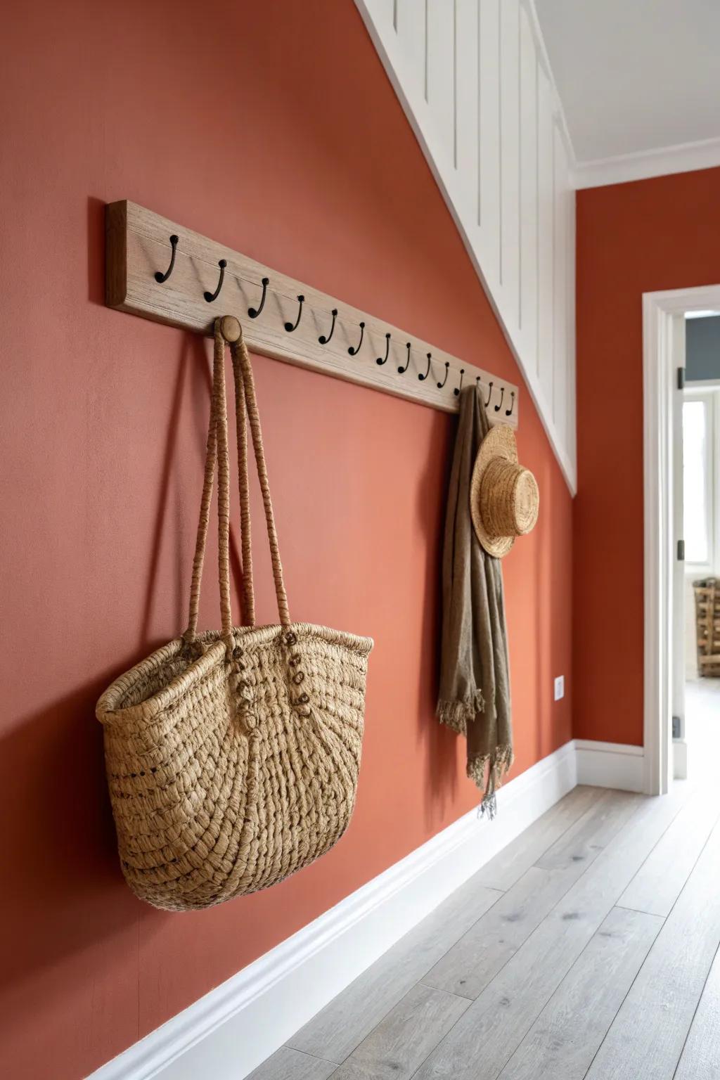 A bold terracotta wall turns a tiny entry into a chic, warm moment—keep the rest simple.