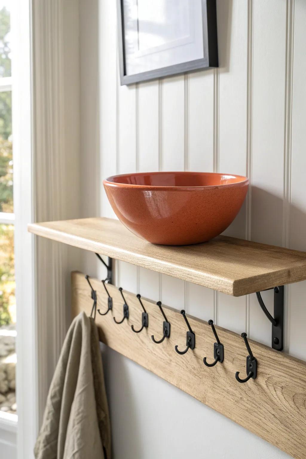 A floating shelf + hooks turns the tiniest entry into a chic, clutter-free drop zone.