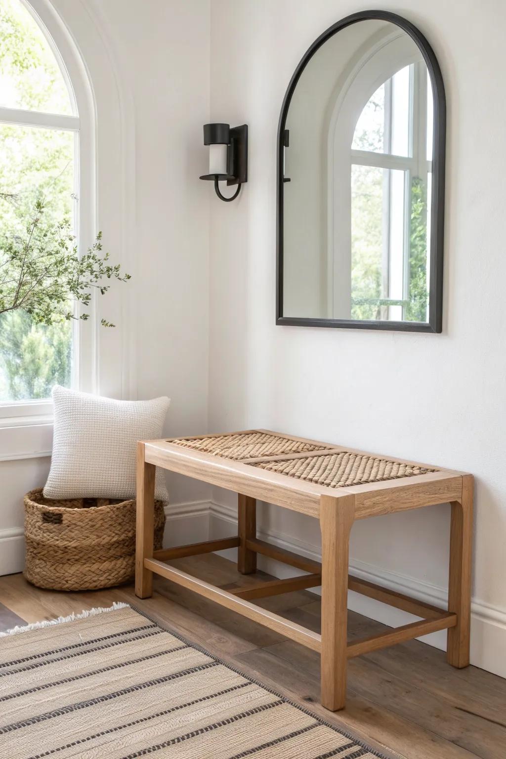 A corner bench + angled mirror that bounces light and makes a tiny entry feel intentional.