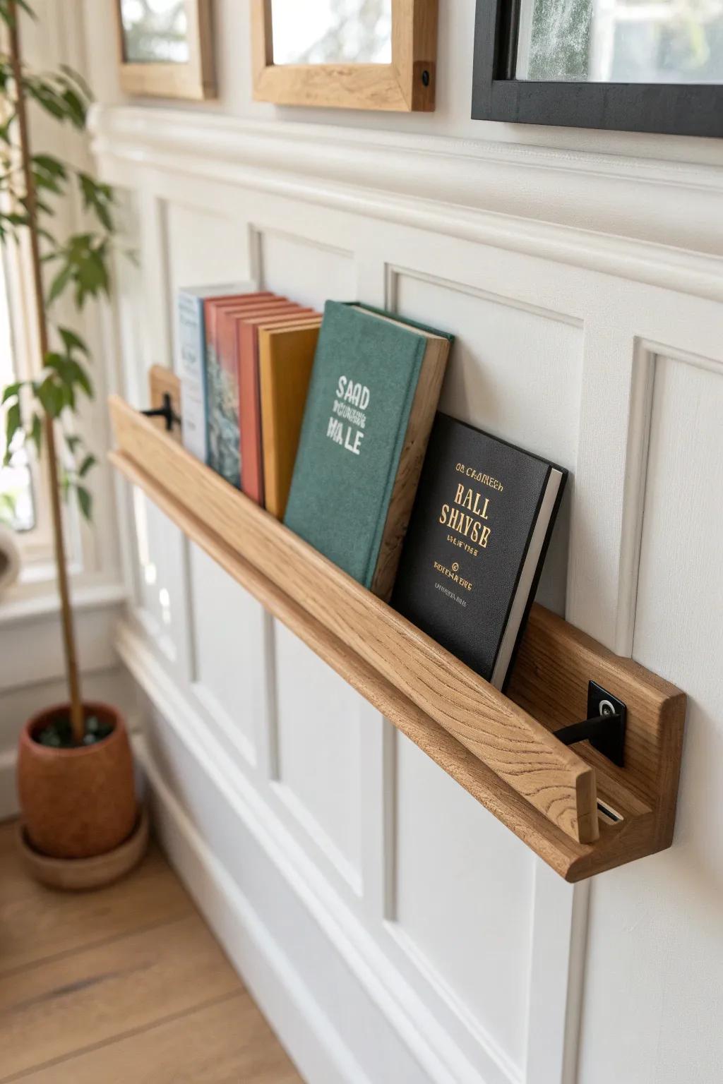 A single picture ledge turns your entry wall into a tiny bookstore—swap covers by season.