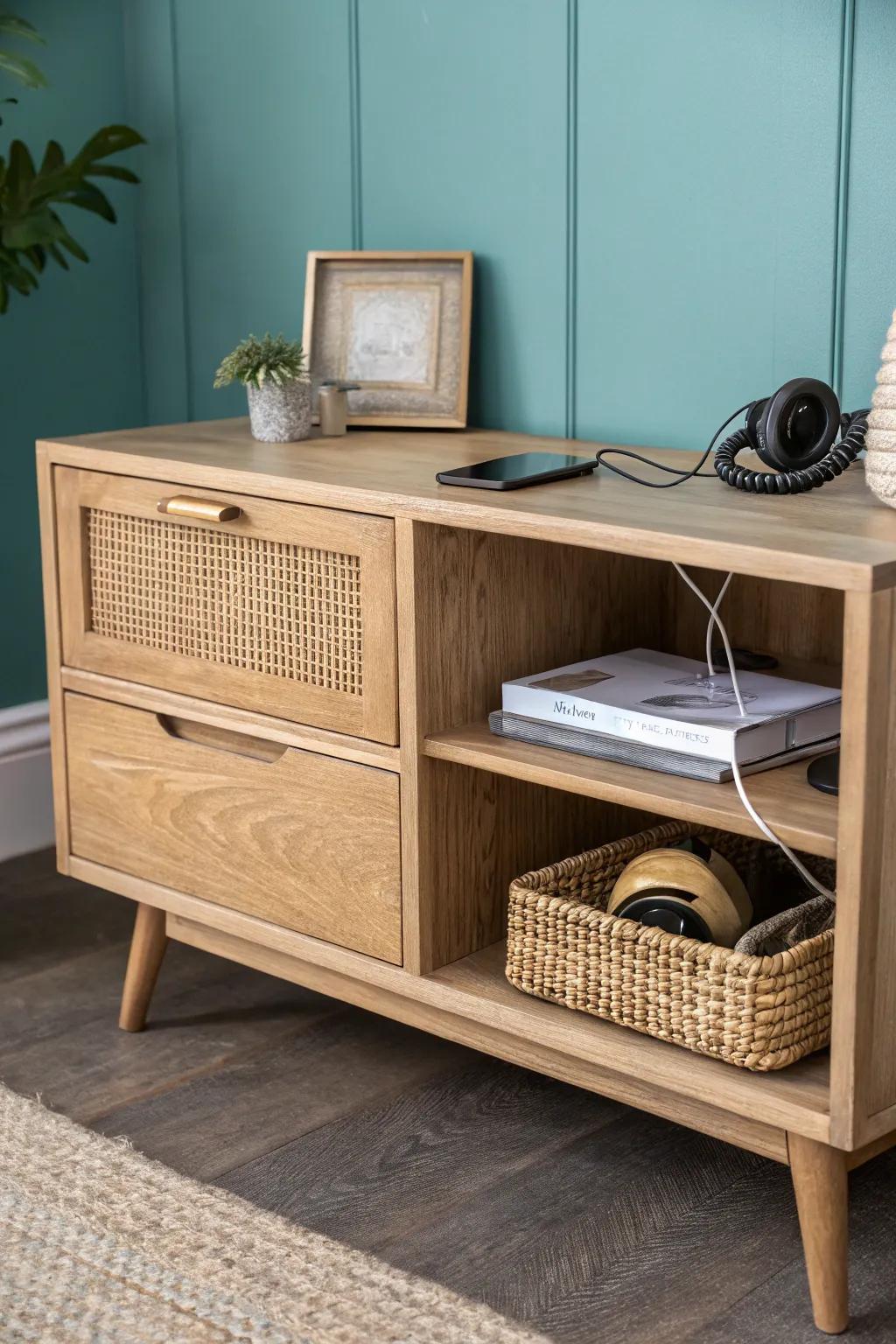 A sleek entryway cabinet with a hidden charging drawer—goodbye cords, hello calm mornings.