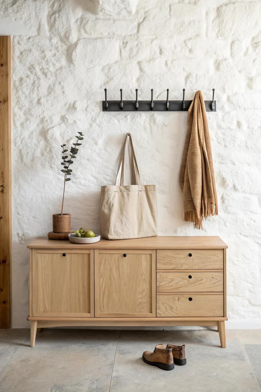 A sleek entryway chest with hooks above keeps coats and bags off chairs in small spaces.