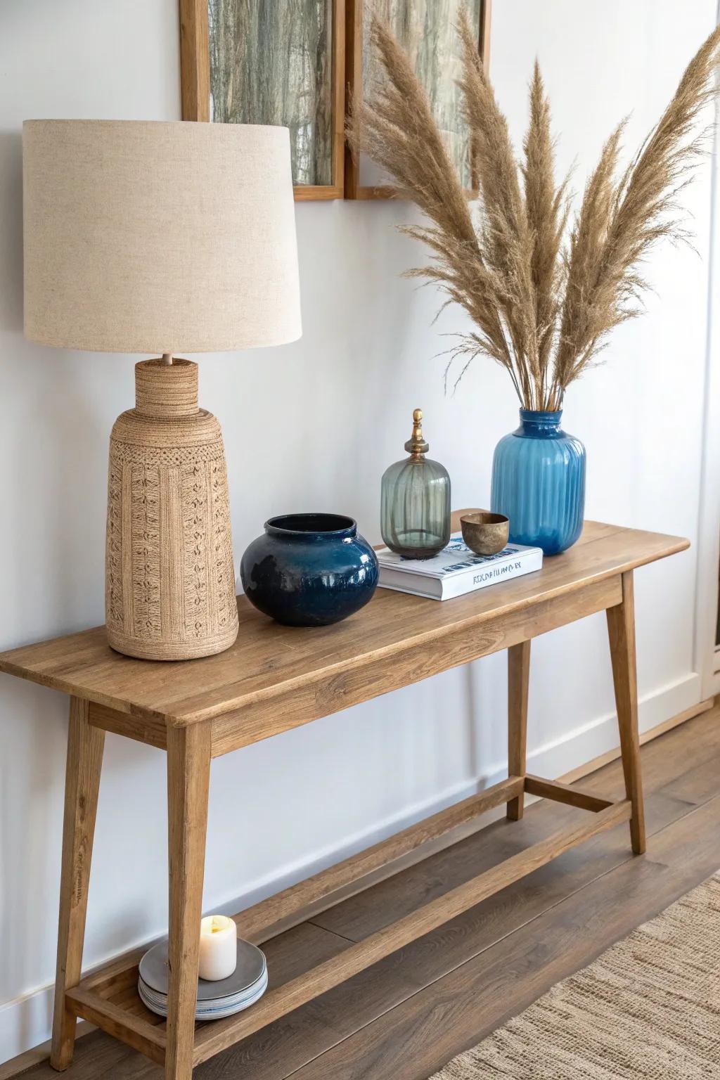Asymmetrical console styling: lamp left, bold vase right—modern, cozy, collected in a small entryway.