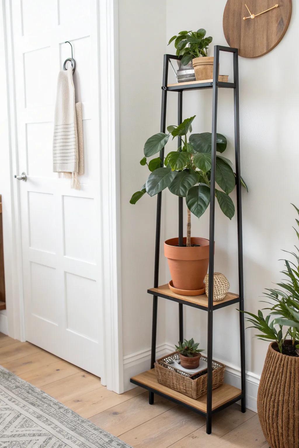 A plant corner that welcomes you home—plus a slim shelf for keys and daily essentials.