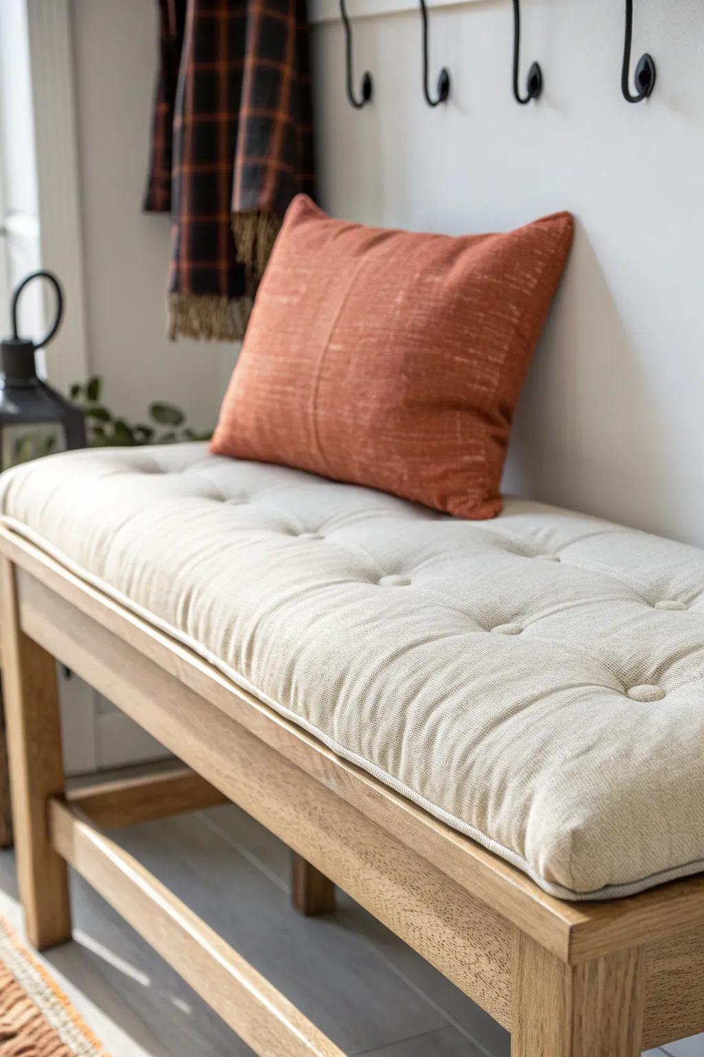 A neutral bench cushion plus one cozy pillow makes a small mudroom feel like home.