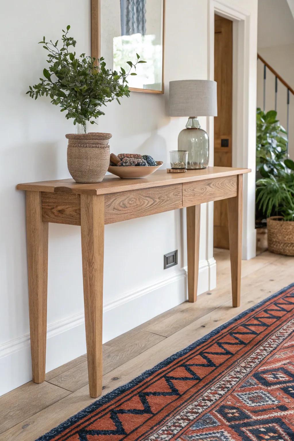 A slim console + bold runner alignment that makes your entryway look instantly intentional.