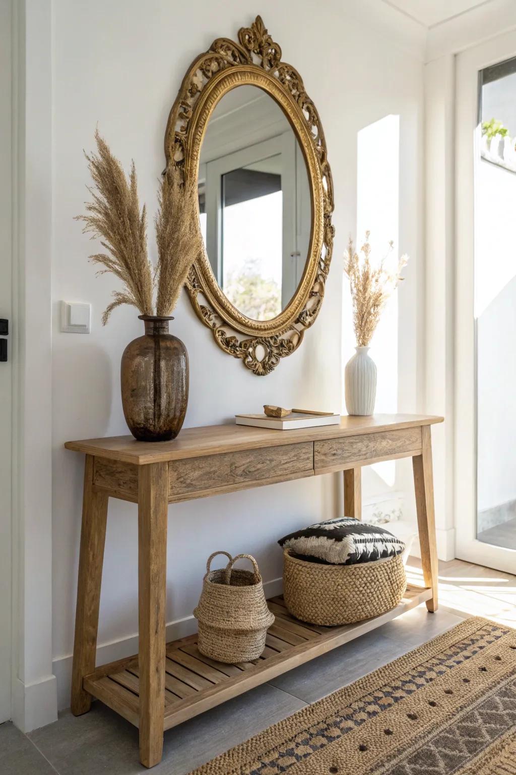 Ornate vintage mirror + clean-lined console table for a collected, rental-friendly entryway