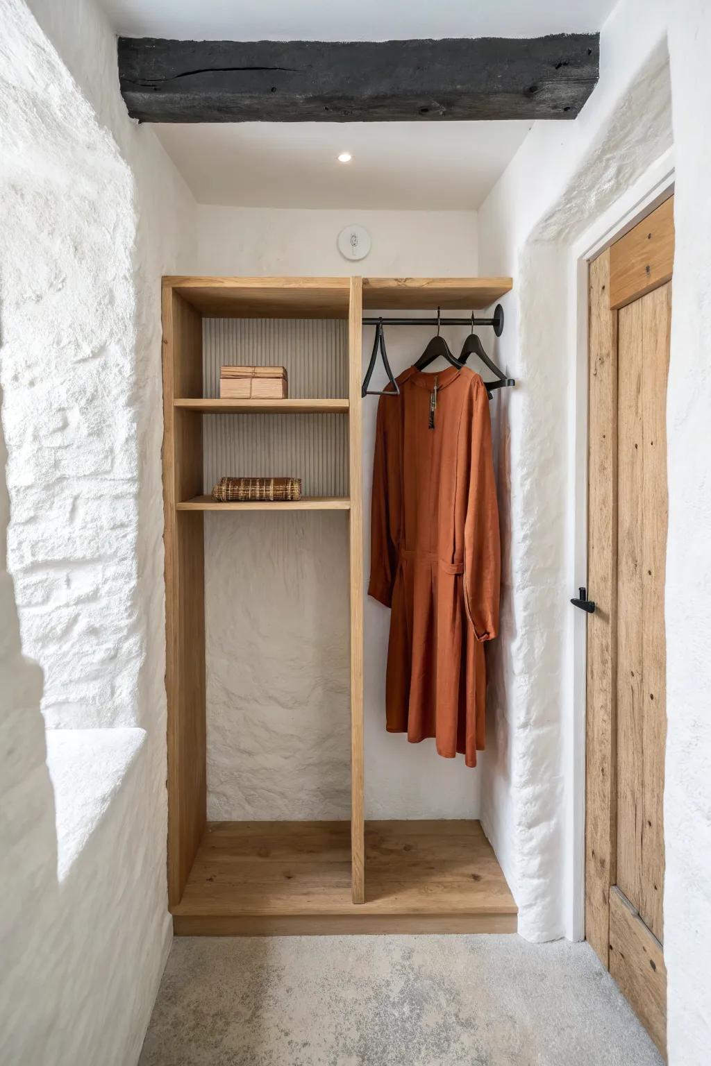 Transform an awkward alcove into a sleek open closet with a rod + shelves—small-space win.