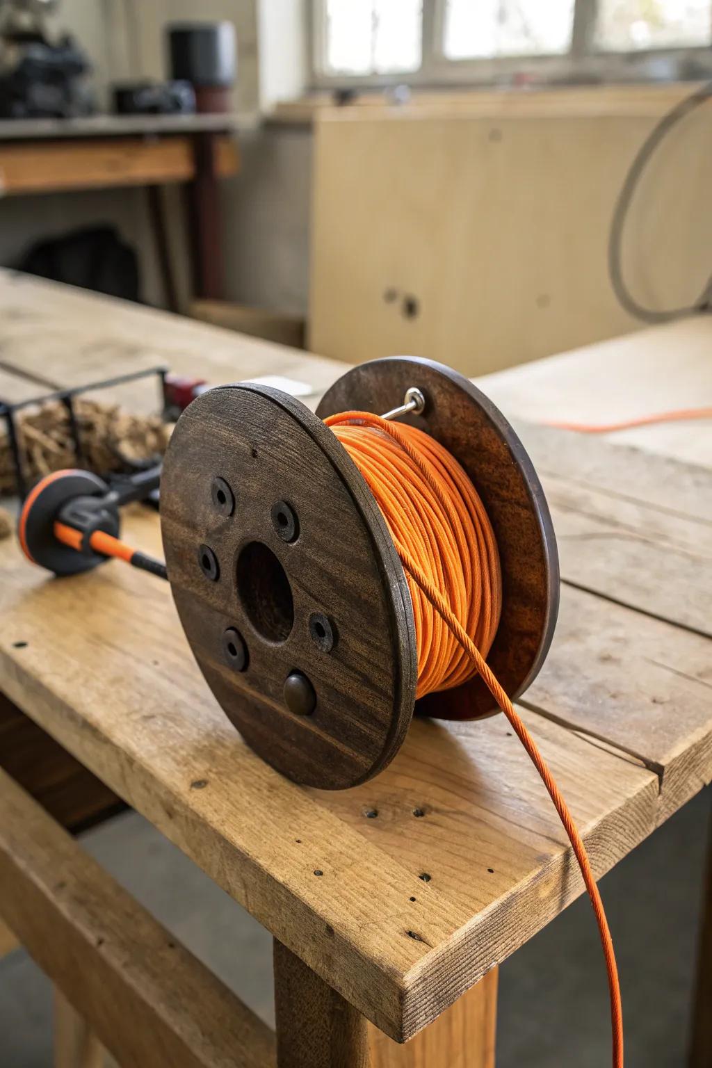 Tidy up with style: Organize your cords effortlessly with this elegant wooden reel.