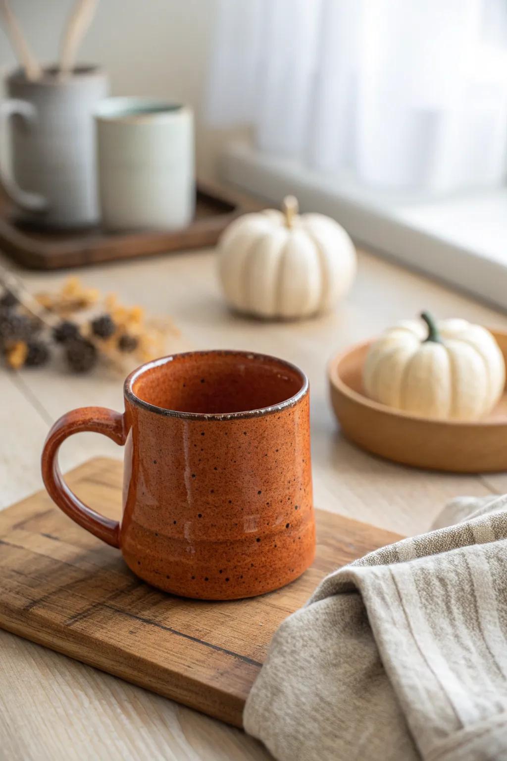 Fall coffee corner magic: one artisan mug, warm tones, and instant cozy apartment vibes.