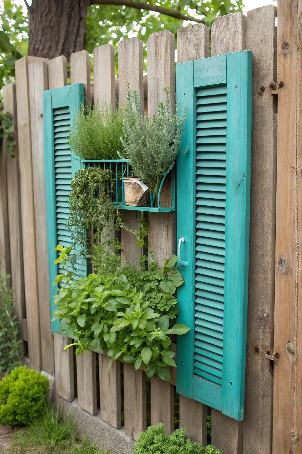 Transform your fence with upcycled window shutters for a charming herb garden centerpiece!