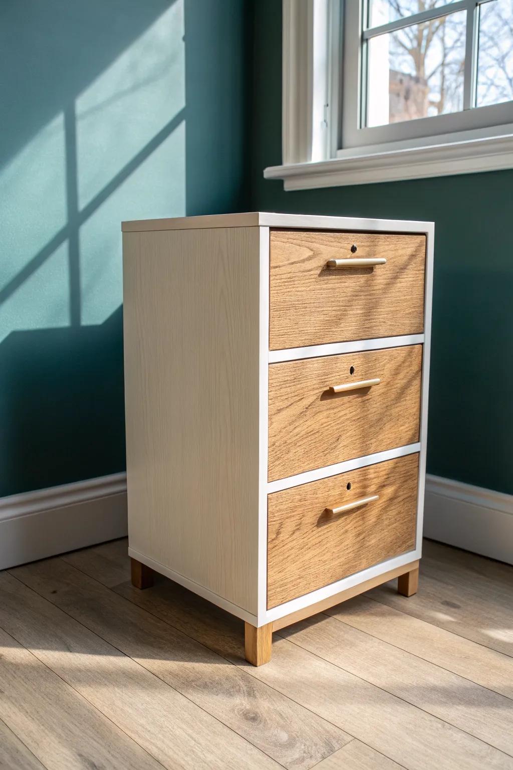 Give a basic metal file cabinet a warm faux-wood vibe with sleek slat drawer fronts.