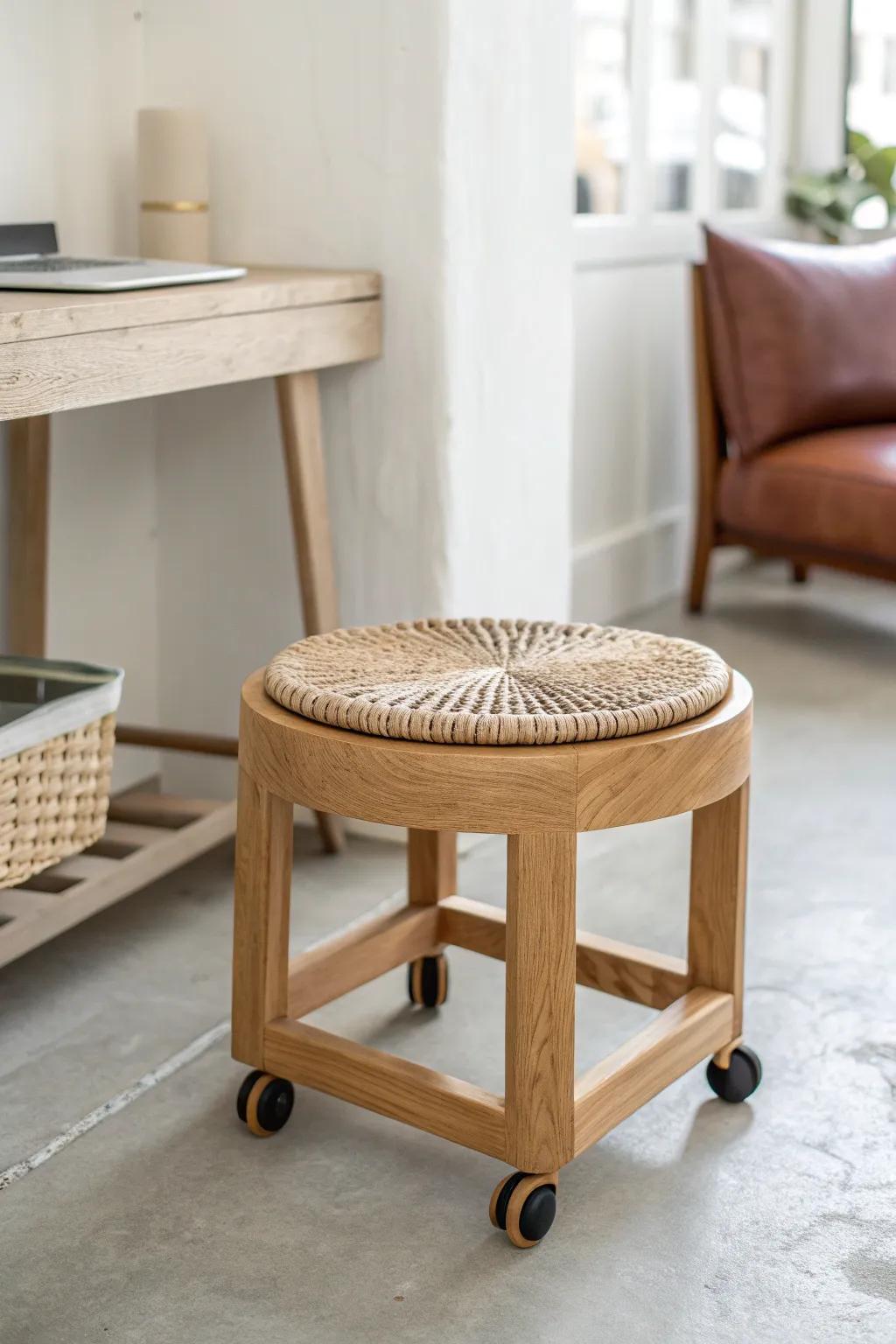 Underrated small-space hero: a rolling stool that glides from desk to kitchen in seconds.