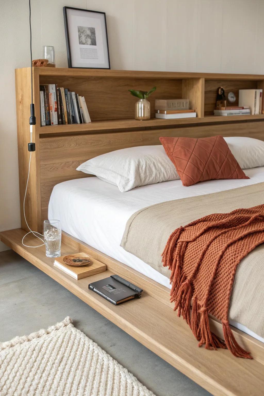 Floating bed + slim shelf headboard: keep essentials close and nights clutter-free.
