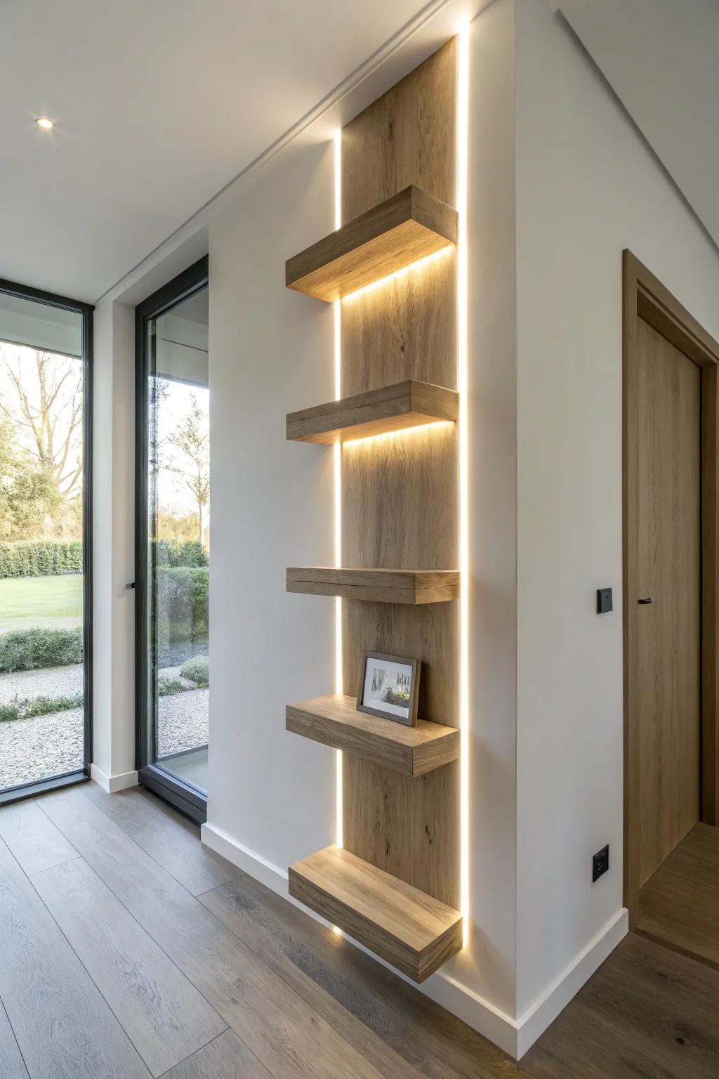 Vertical LED strip between stacked shelves makes a tiny niche feel taller and built-in.