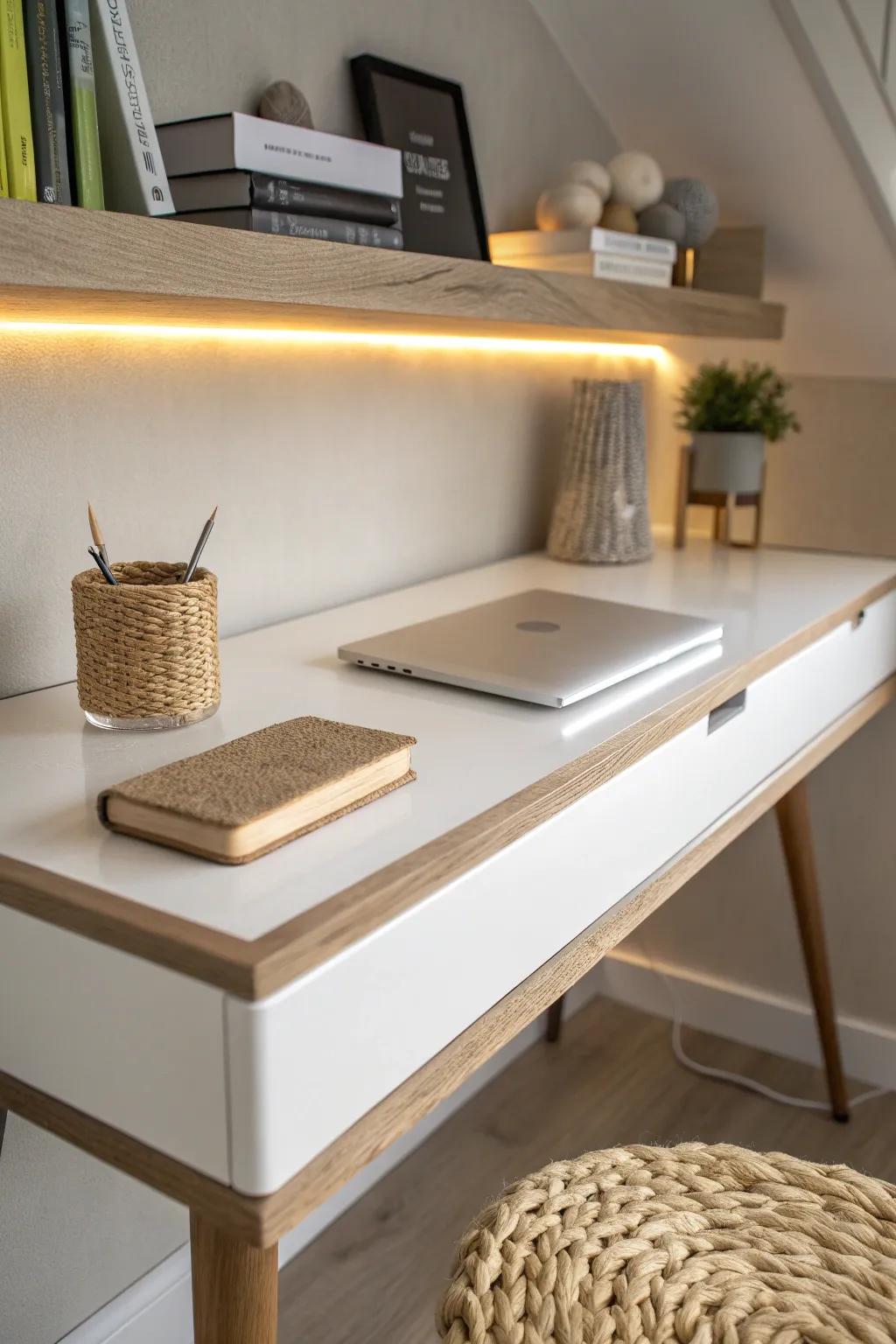 Warm under-shelf LED glow turns a small desk nook into a cozy, high-contrast workspace.