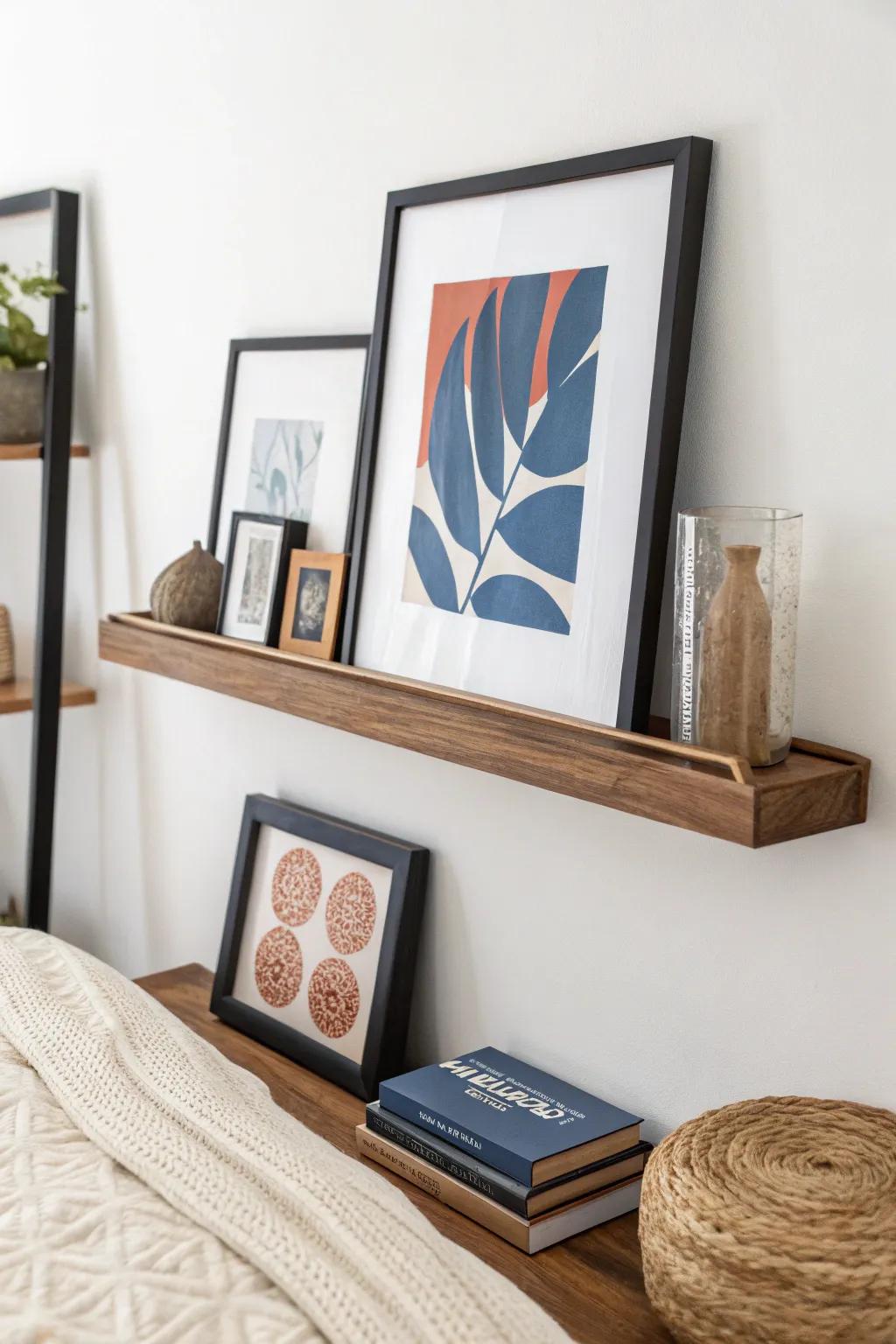 Layered frames on a floating shelf for gallery impact—no nails, easy to restyle in small bedrooms.