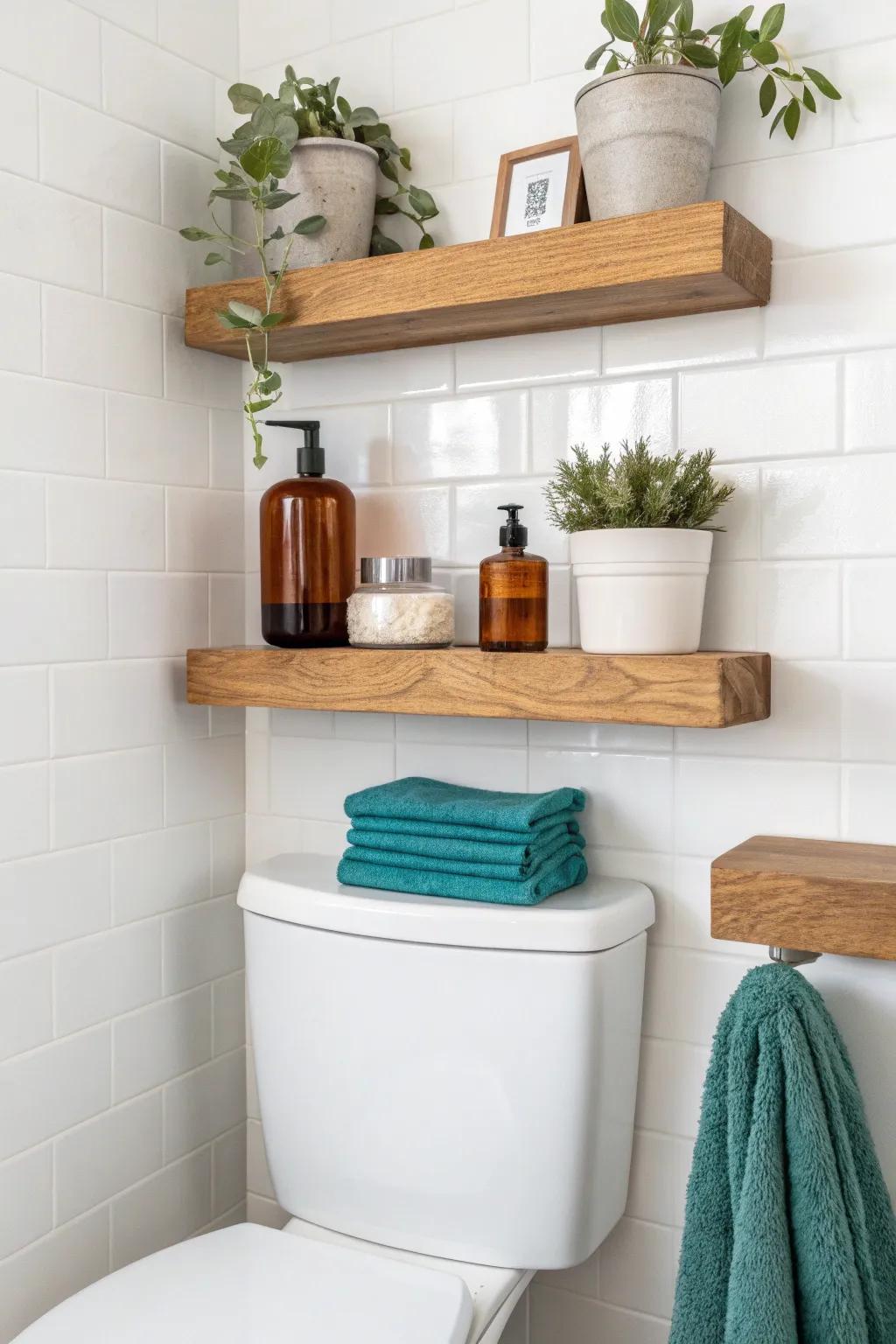 Two floating shelves over the toilet—vertical storage that stays calm, curated, and chic.