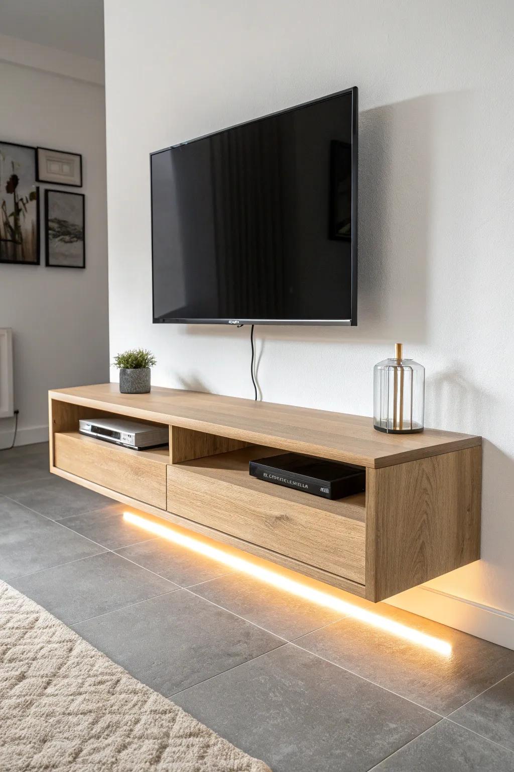 Warm LED underglow turns a floating TV stand into a cozy, intentional centerpiece.
