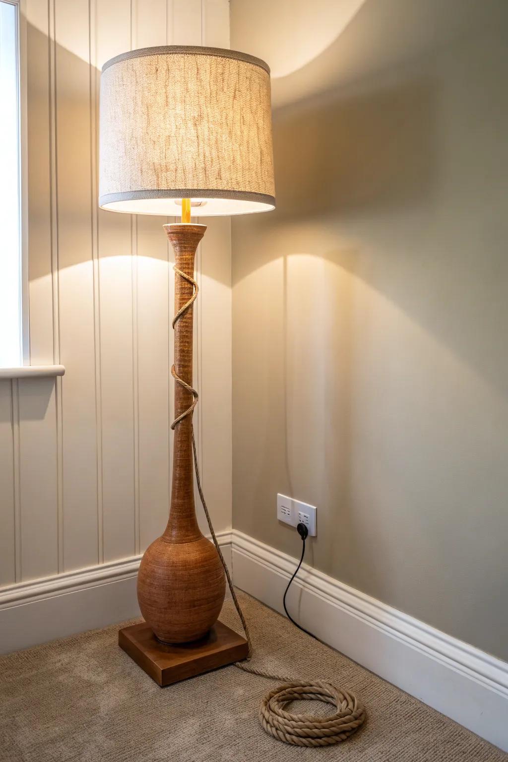 Blend your floor lamp into the wall with a light neutral shade for calm, soft light in small rooms.
