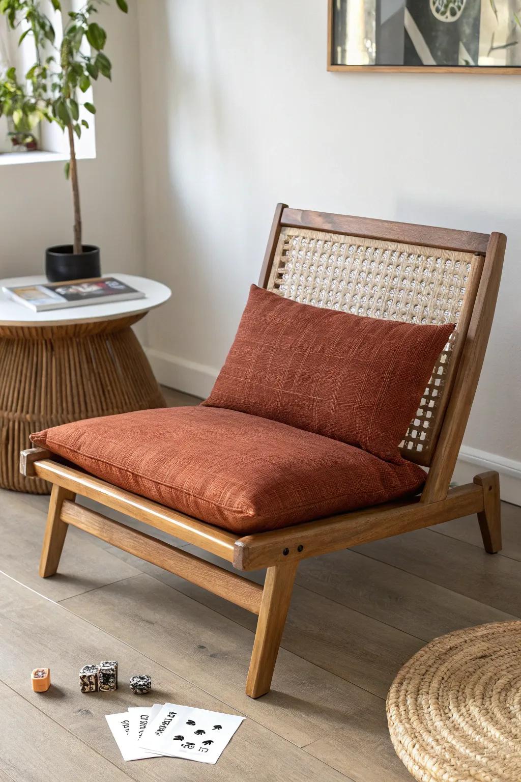 A bold rust floor chair adds comfy game-night seating—low, handcrafted, and space-smart.