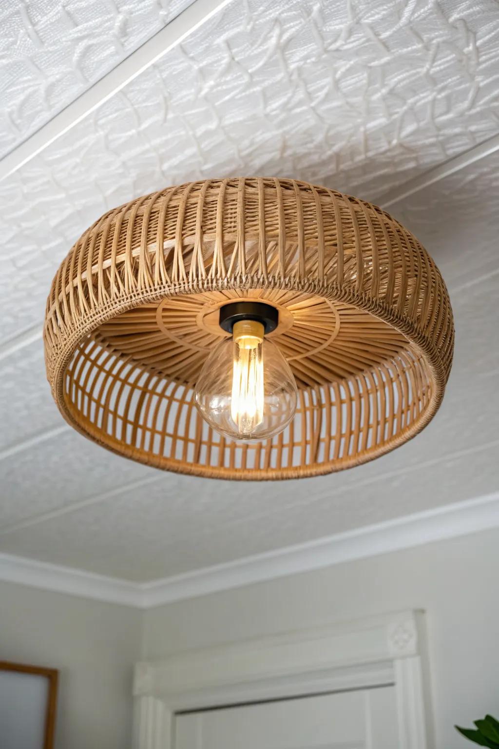 Woven rattan flush mount glow—cozy boho texture in a clean, minimalist entry.