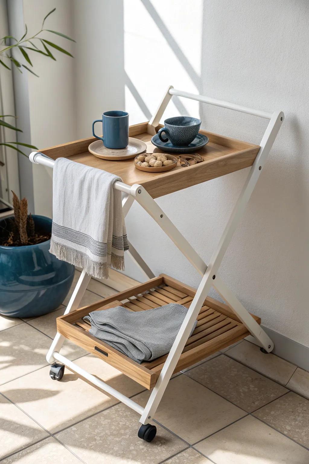 A foldable kitchen cart that adds instant counter space—then tucks away for a clear walkway.