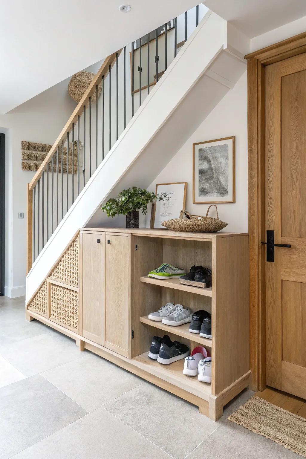 Turn the under-stair triangle into a chic built-in—hidden shoe storage that saves space.