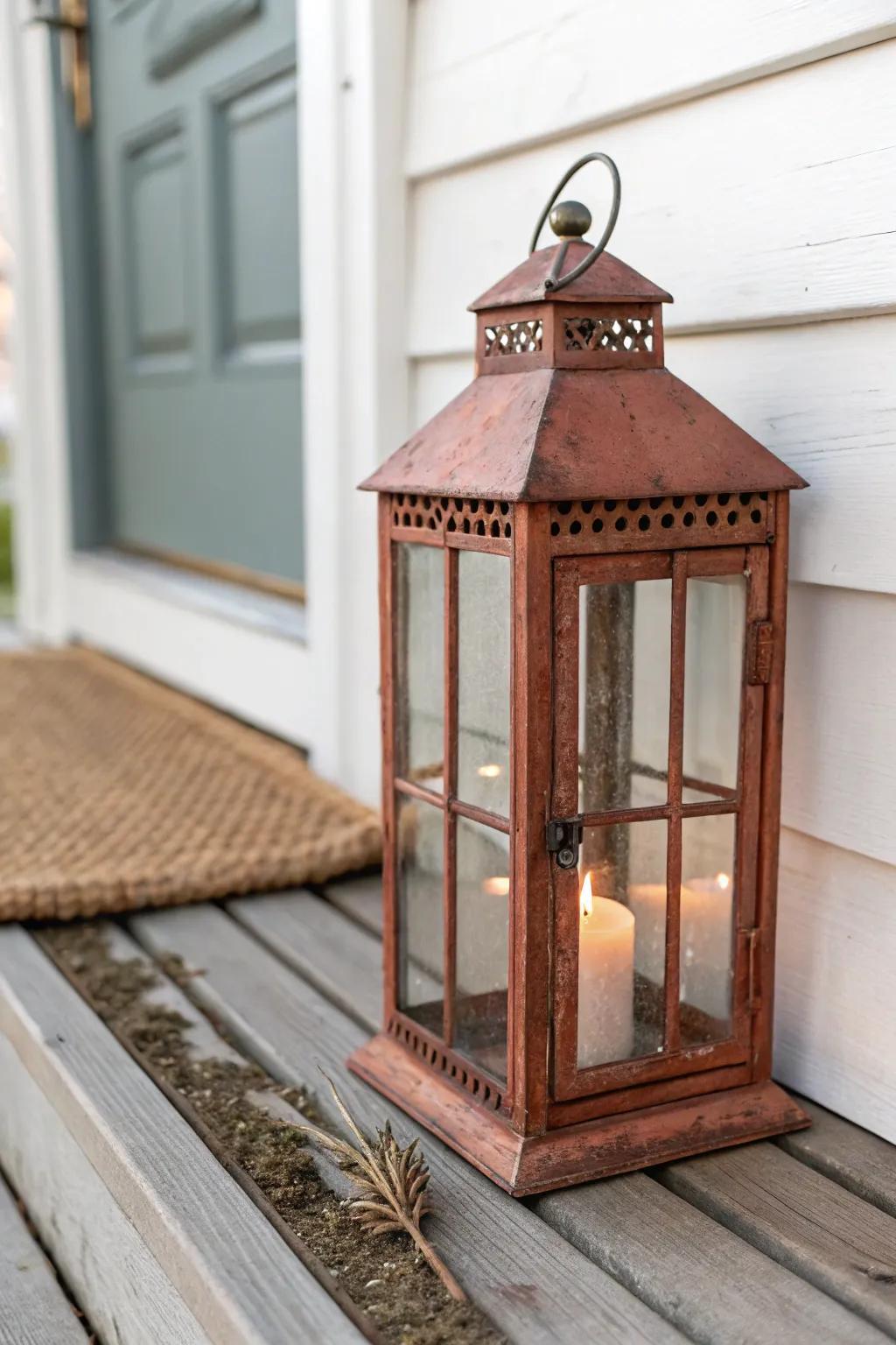 One statement lantern + a slim bench corner = instant cozy framing for the tiniest porch.