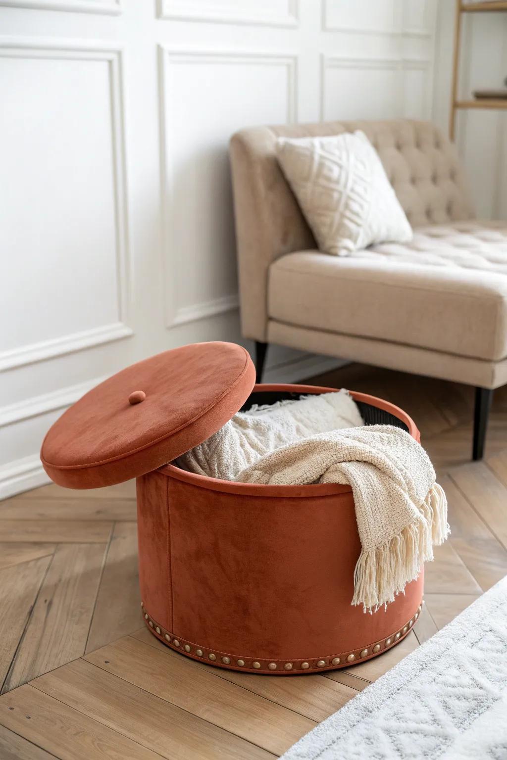 A chic storage ottoman turns your futon corner into a clutter-free mini living room.