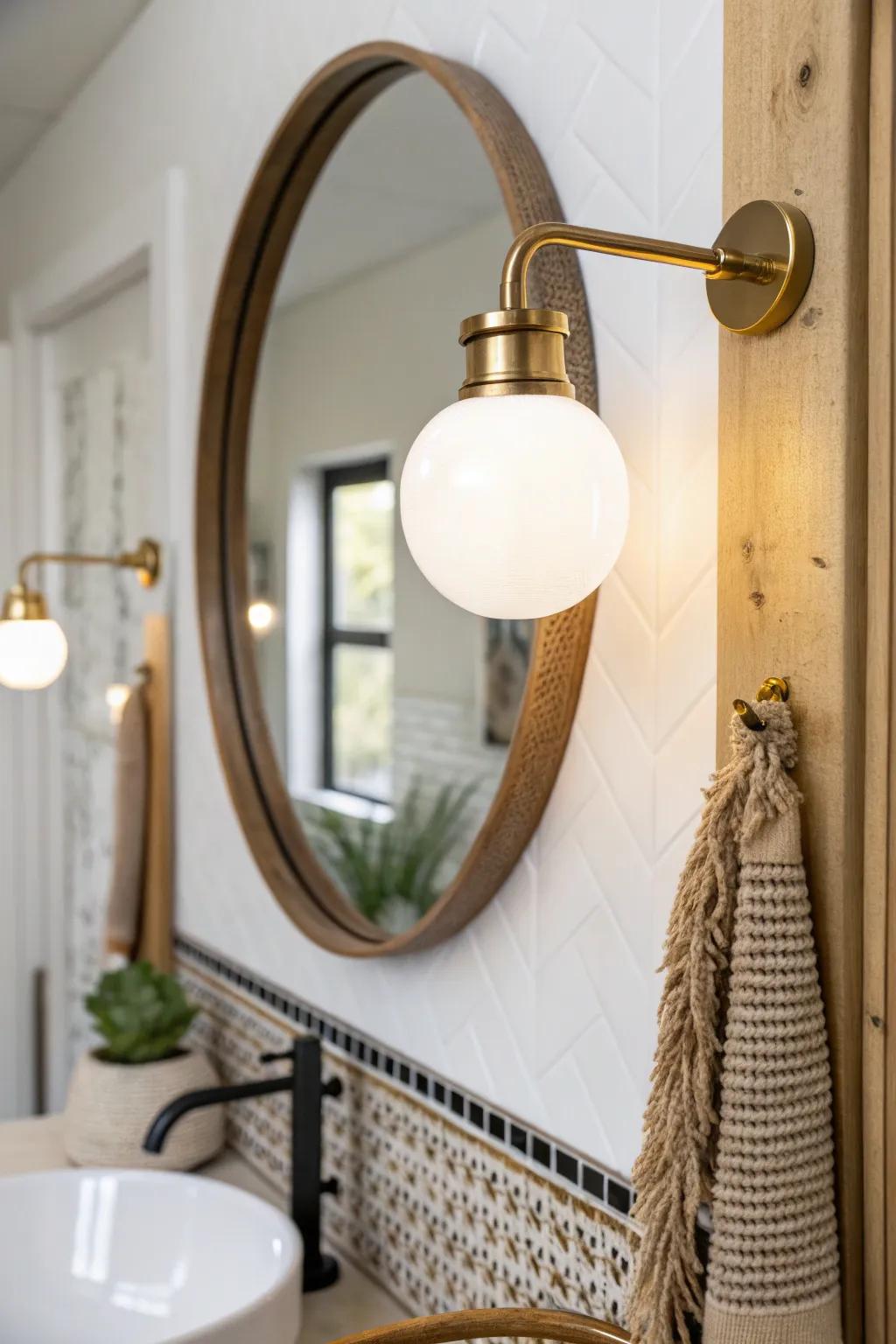 A warm sconce glow evens out a narrow galley bath—softer, calmer, and more flattering.