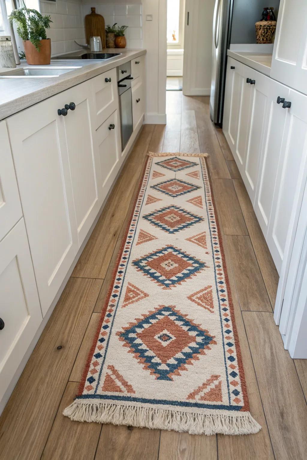 A washable galley runner adds warmth and pulls the eye down a narrow kitchen beautifully.
