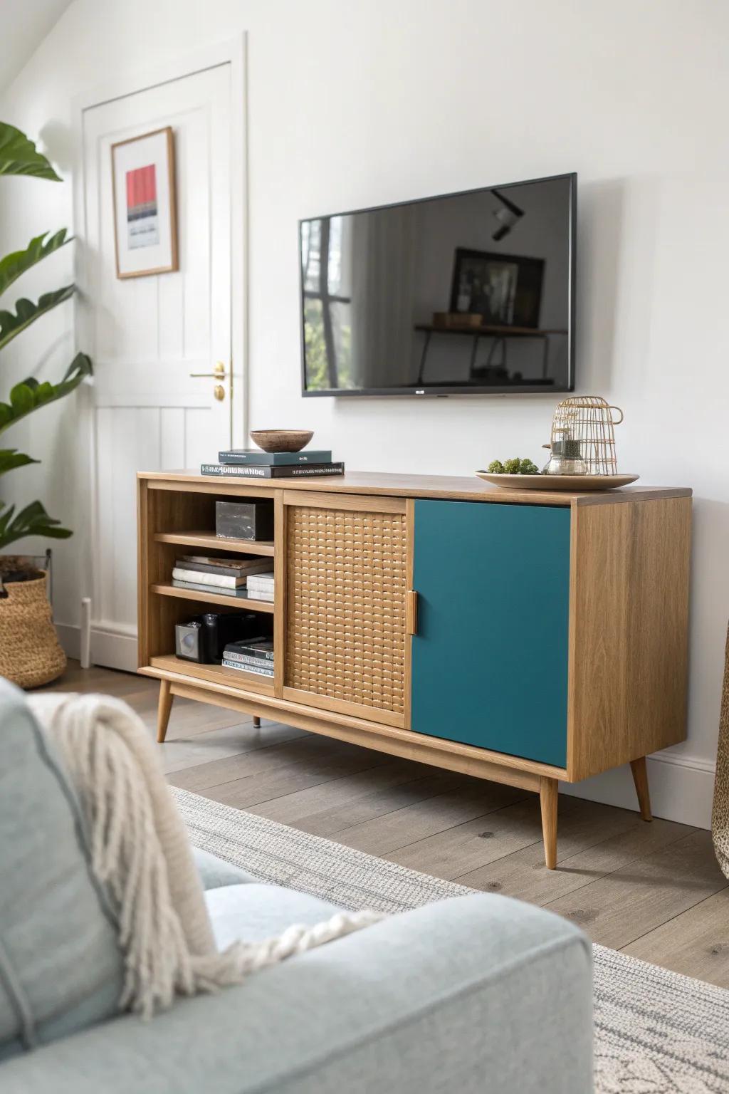 Slim behind-the-sofa cabinet keeps consoles and controllers hidden—no lost floor space.