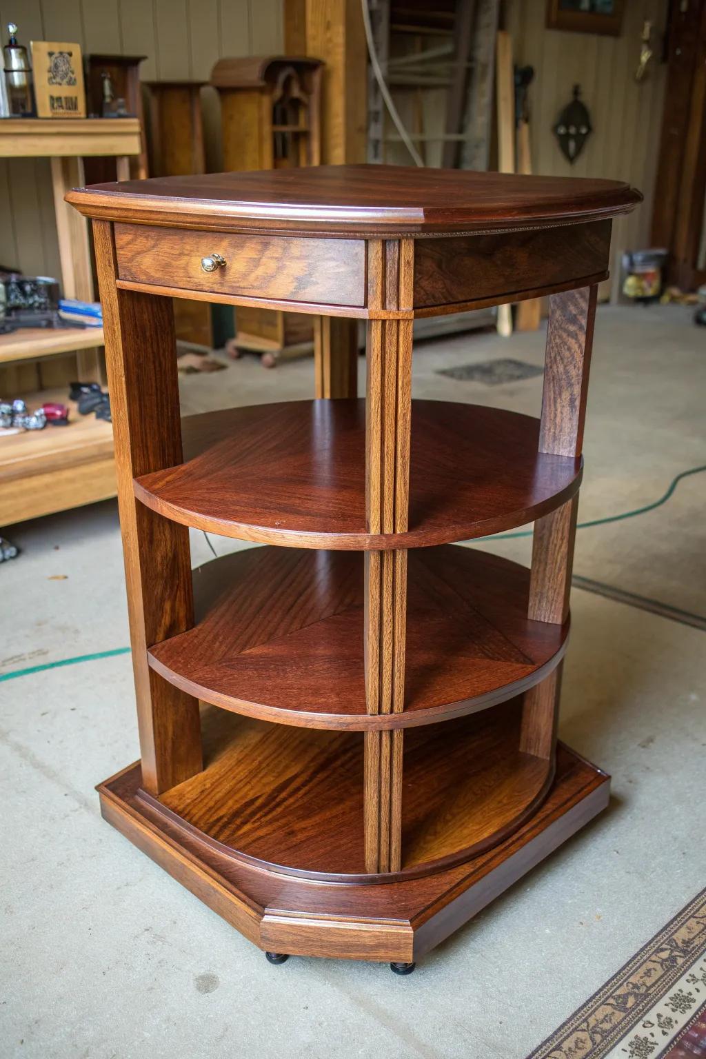 Transform awkward spaces into functional art with these handcrafted rotating corner shelves.