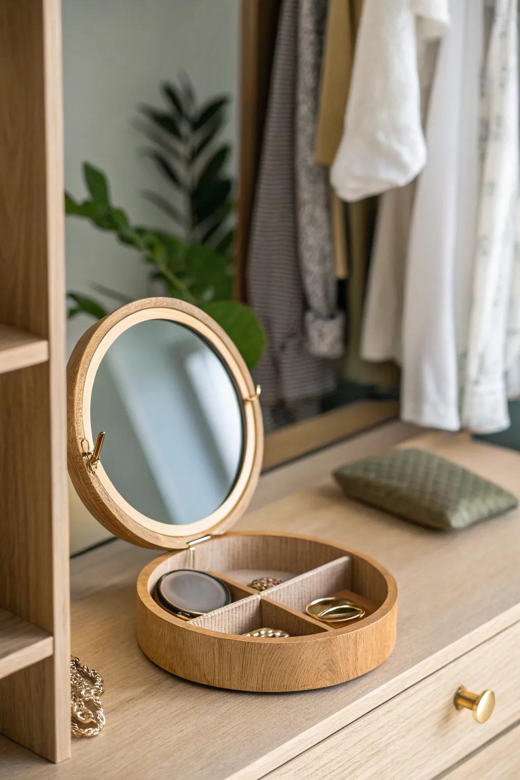 Tiny closet vanity moment: a mirror + jewelry tray that makes mornings feel instantly calm.
