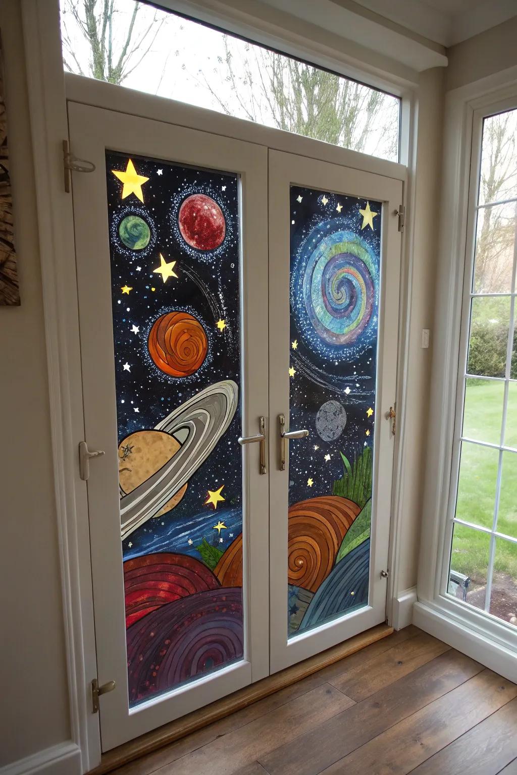 Transform your space with a celestial masterpiece: a galaxy-painted glass window that inspires creativity and wonder.