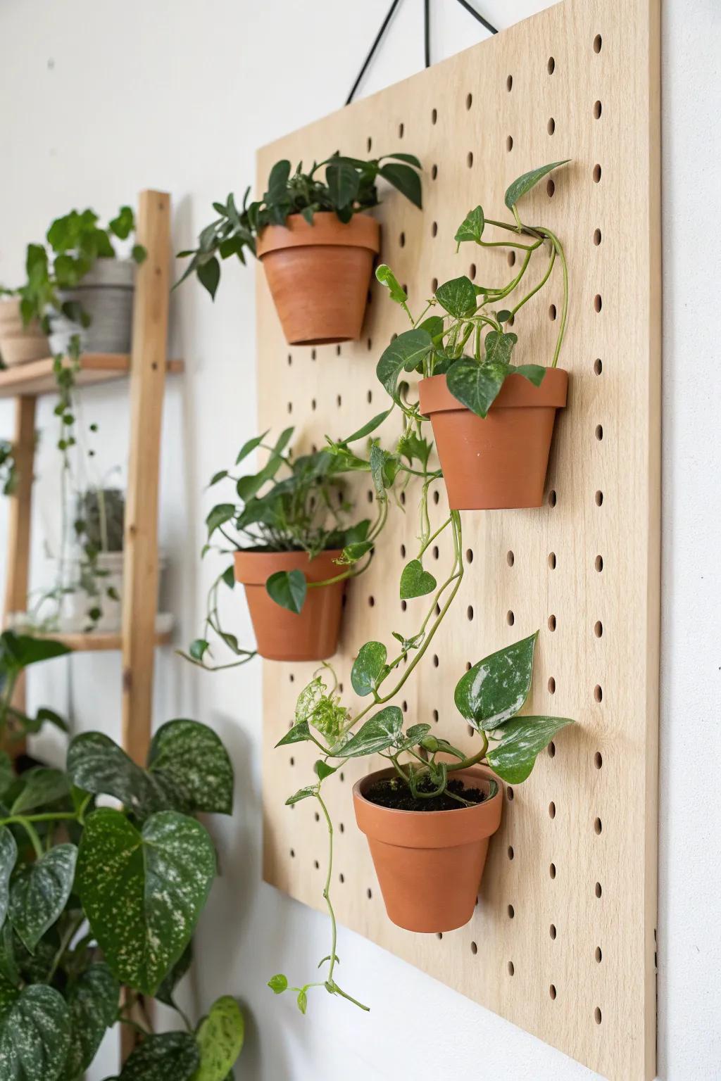 Modular pegboard green wall—move the planters anytime for fresh, small-space style.